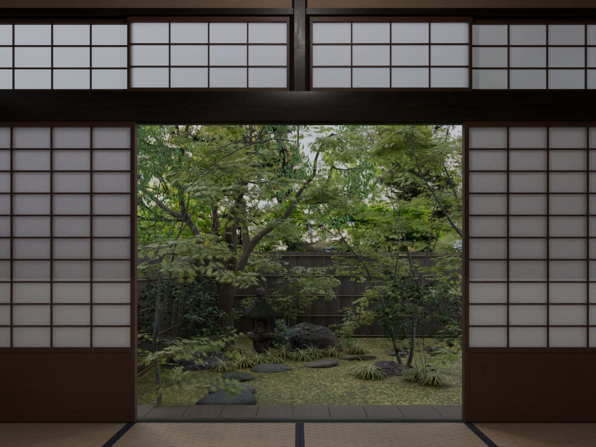 Hibiki Trees render — garden viewed from a tatami room